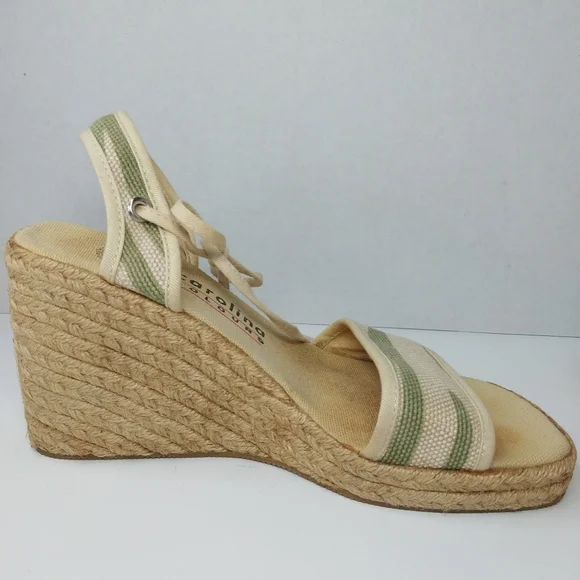 Carolina Colours Size 7 Tan Green Espadrille Wedge Y2K Tie Ankles Sandals Shoes - Picture 8 of 12